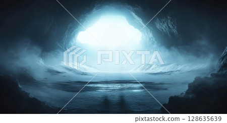 Mysterious Ice Cave Winter Landscape Digital Art Frozen Background cold blue dark snow view light 128635639