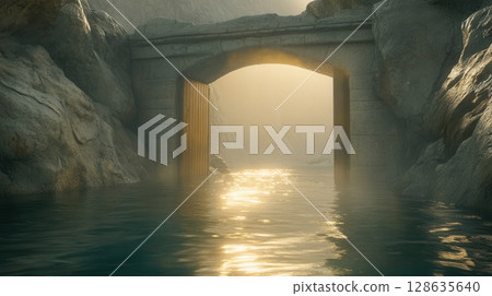 Mysterious Golden Doorway Ancient Stone Bridge Water Sunlit Pathway 3d art arch gate calm rays hope 128635640