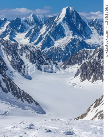 Majestic Winter Mountain Range Snowy Peaks Glacial Valley Breathtaking Landscape Serene Nature Majestic Winter Mountain Range Snowy Peaks Glacial Valley Breathtaking Landscape Serene Nature 128635668
