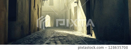 Sunlit Cobblestone Alleyway Old Town European Architecture Cityscape path road view mood grey gold 128635708