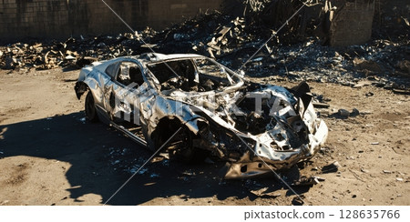 Burned Out Car Wreckage Urban Scene Destruction Accident fire gray metal scrap black white waste 128635766