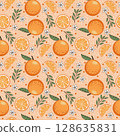 Slices and whole of oranges with Flowers, Leaves background. 128635831