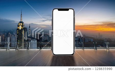 realistic smartphone model with blank screen against city skyline at sunset 128635990