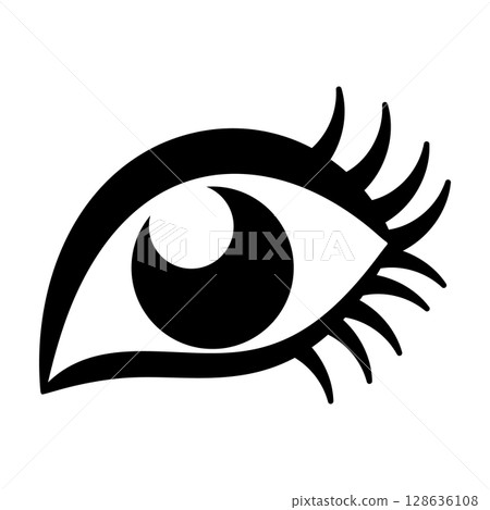 Stylized Eye with Eyelashes. Black Vector Illustration. A stylized eye with dramatic curved lashes and a crescent highlight in the iris. 128636108