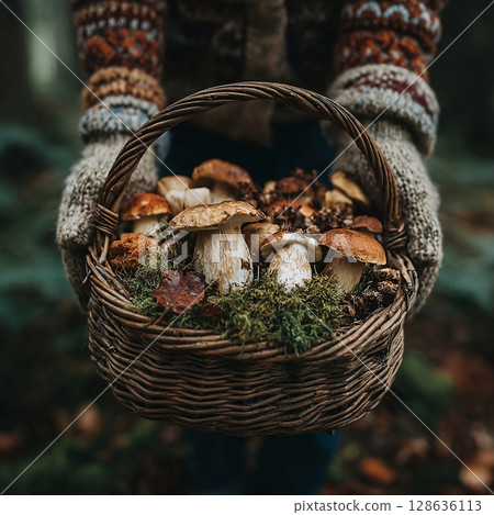Hands in cozy gloves holding a basket of freshly picked wild mushrooms in a forest. High quality photo 128636113
