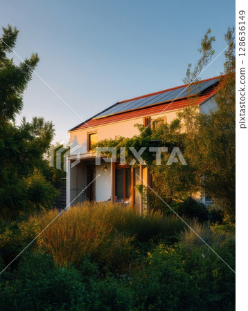 Modern eco house with solar roof panels and lush green vegetation bathed in golden sunset light. Ideal for sustainable living and renewable energy design 128636149