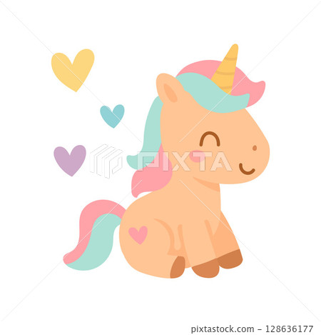 Pastel unicorn with mint mane, pink tail, and golden horn sits surrounded by colorful hearts, perfect for magical fantasy art and children room decor 128636177