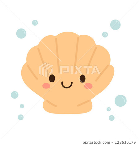 Adorable orange clam shell character with blushing cheeks smiles underwater, ideal for cheerful sea life illustrations and playful beach decor projects Adorable orange clam shell character with blushing cheeks smiles underwater, ideal for cheerful sea life illustrations and playful beach decor projects 128636179