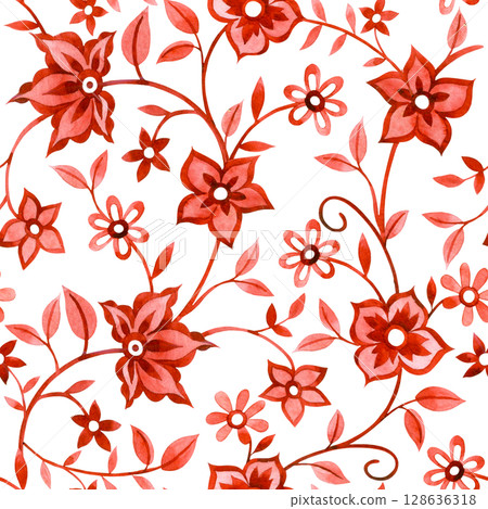 Watercolor seamless pattern in folk style with red flowers. ornate ornament 128636318