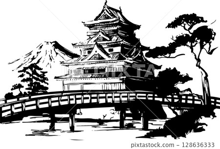 Castle, trees, mountains and bridge 128636333