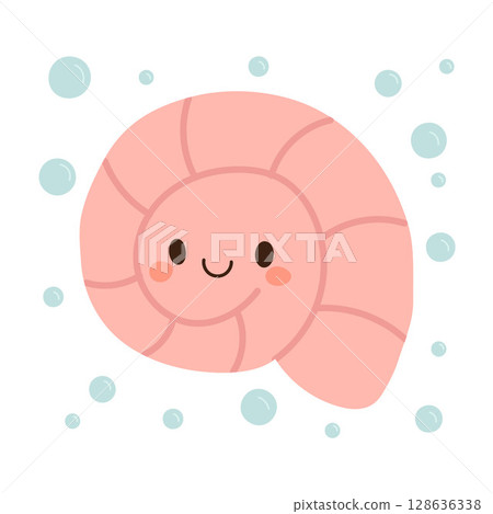 Happy pink ammonite fossil design with swirl pattern and smiling face, perfect for sea-themed kids graphics and playful ocean decor 128636338