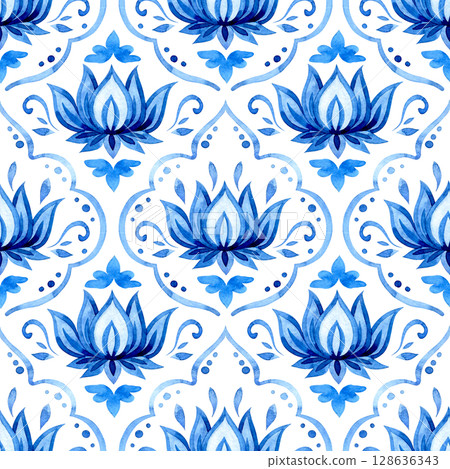 watercolor seamless pattern, damask tiles. blue vintage ornament watercolor seamless pattern, damask tiles. blue vintage ornament 128636343
