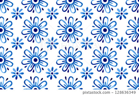 watercolor seamless pattern, damask tiles. blue vintage ornament 128636349