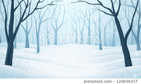 Quiet snowy forest with leafless trees and snowflakes gently falling on hills, seasonal background 128636357