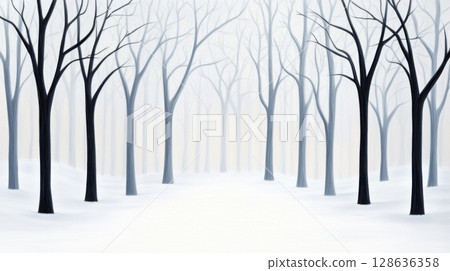 Minimalist winter scene with snowy landscape and bare trees, gentle snowfall in peaceful woodland 128636358