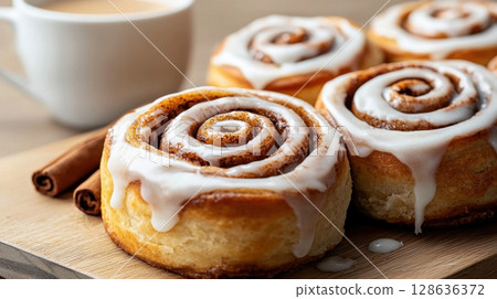 Fresh cinnamon rolls with icing glaze and cup of coffee 128636372