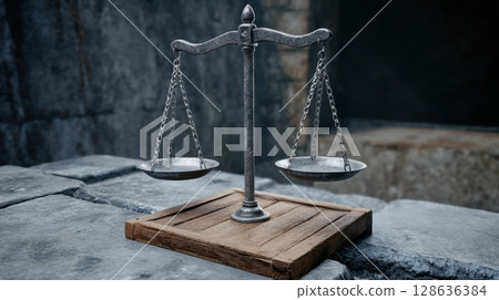 Old-fashioned metal balance scale on wooden base, vintage justice symbol 128636384