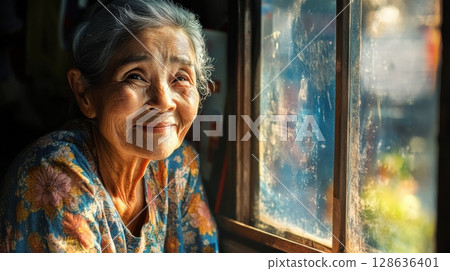Elderly woman smiling warmly in morning sunlight near window, wearing clothes and looking peaceful 128636401
