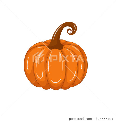 Ripe pumpkin, vector illustration on white background. Bright and fresh autumn vegetable, ideal for seasonal design, food packaging, labels, stickers, farm markets, and Thanksgiving decor. 128636404