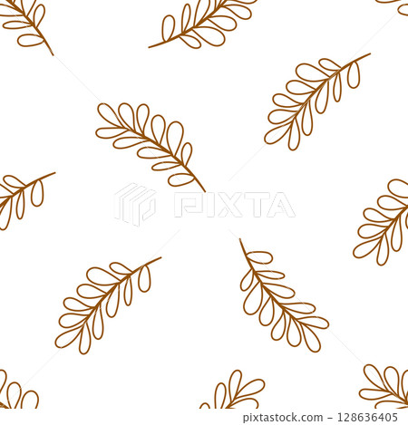 Seamless vector pattern with line art leaves on white background. Perfect for autumn-themed designs, textiles, packaging, web backgrounds, and seasonal decorations. Seamless vector pattern with line art leaves on white background. Perfect for autumn-themed designs, textiles, packaging, web backgrounds, and seasonal decorations. 128636405