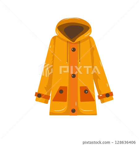 Yellow raincoat with orange pockets, vector illustration on white background. Simple and cute design, perfect for children's clothing, weather-related designs, icons, and autumn-themed projects. Yellow raincoat with orange pockets, vector illustration on white background. Simple and cute design, perfect for children's clothing, weather-related designs, icons, and autumn-themed projects. 128636406