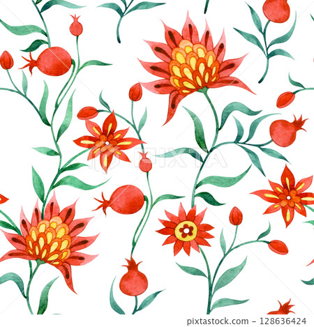 Watercolor seamless pattern in folk style with flowers and pomegranate fruits. ornate ornament 128636424