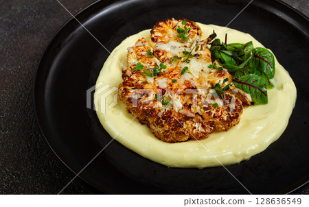 cauliflower steak, with mashed potatoes, spices and herbs, homemade, no people, cauliflower steak, with mashed potatoes, spices and herbs, homemade, no people, 128636549