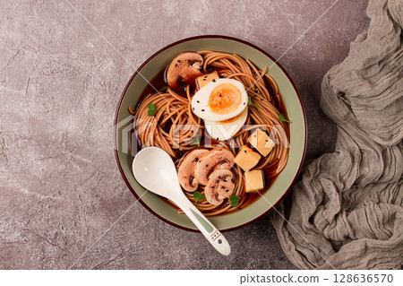 Asian soba soup, with mushrooms and egg, cheese, sesame seeds, homemade, no people, 128636570