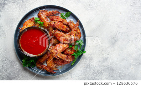 fried in the oven, chicken wings, with spices, tomato sauce, on a plate, gray background, no people, homemade, 128636576