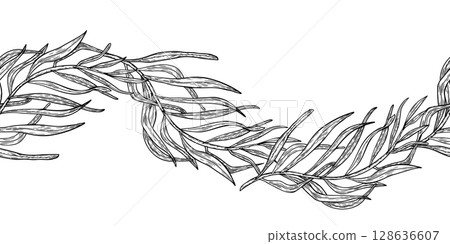 Delicate wave foliage outline on seamless border isolated. Palm leaves black white vector repeated pattern. Tropical leaves background for packaging, health food branding, and kitchenware textile. 128636607