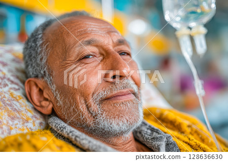 Elderly man with gray beard resting in hospital bed with IV drip and warm blanket 128636630
