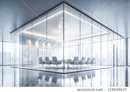 Modern glass conference room with elegant design and panoramic city view for professional meetings 128636635