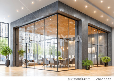 Modern office interior design with glass walls and stylish furniture in a bright environment 128636636
