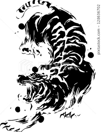 老虎、白虎、黑虎、水墨畫、動物、野獸、野生動物、倒立藝術、黑白藝術、毛筆畫、日式藝術、水墨畫、水墨畫、日本 128636702