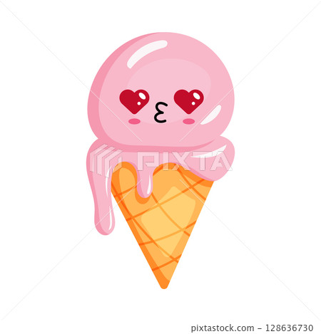 An Adorable, Cute Pink Ice Cream Cone Featuring a Happy Face and HeartShaped Eyes 128636730