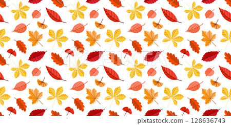 Seamless pattern with hand-drawn autumn leaves in warm tones 128636743