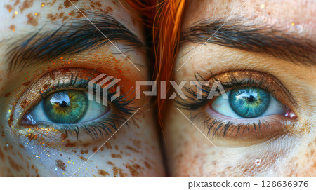 Close-up portrait of two women with vibrant eye colors and artistic facial makeup details 128636976