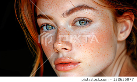 Close-up portrait of a young woman with freckles and vibrant red hair showcasing natural beauty Close-up portrait of a young woman with freckles and vibrant red hair showcasing natural beauty 128636977