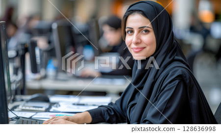 Confident woman in hijab working at computer in modern office environment with colleagues 128636998