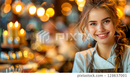 Young female chef smiling warmly in a bustling restaurant with soft bokeh lighting ambiance 128637001