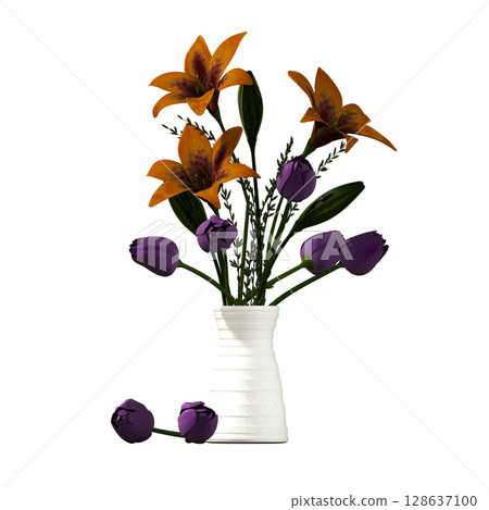 decorative flower in a pot isolate on a transparent background, 3D illustration, cg render 128637100
