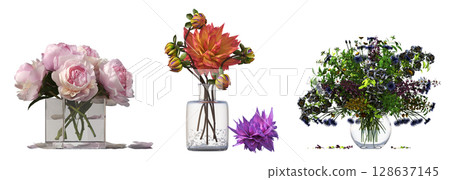 decorative flowers and plants for the interior, isolated on transparent background, 3D illustration, cg render decorative flowers and plants for the interior, isolated on transparent background, 3D illustration, cg render 128637145