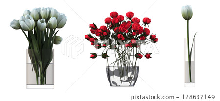 decorative flowers and plants for the interior, isolated on transparent background, 3D illustration, cg render 128637149
