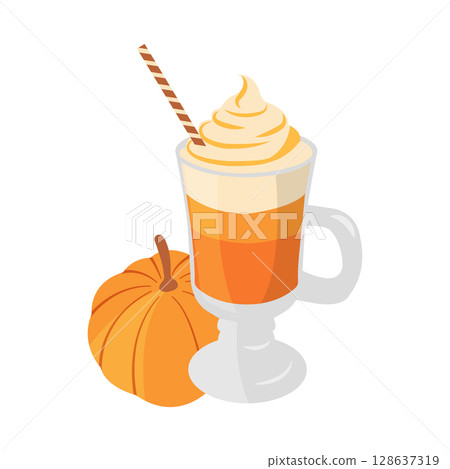 Harvest season vector illustration with glass of pumpkin spice latte, waffle cones, pumpkin in flat style. Autumn art for creative projects, menu for cafe 128637319