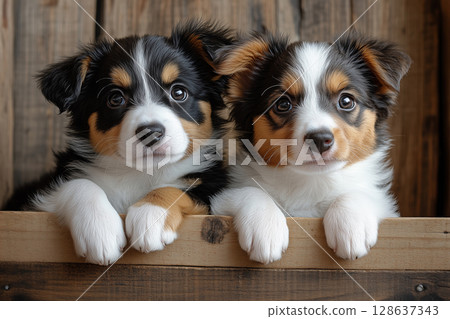 Border collie puppies peering over wooden crate edge, paws draped across weathered surface Border collie puppies peering over wooden crate edge, paws draped across weathered surface 128637343