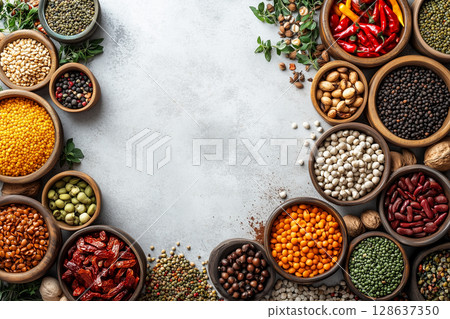 Vibrant legumes, grains, spices, nuts, chili peppers framing wooden surface, highlighting agricultural diversity with central empty copy space 128637350
