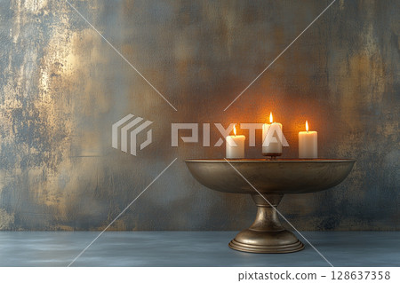 Jewish traditions with burning candles in a bronze bowl, warm candlelight on a textured background for spiritual themes 128637358