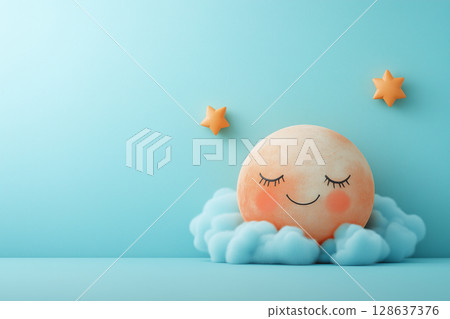 3d rendering of a cute, smiling moon on fluffy clouds with stars in pastel blue sky, for world sleep day promotion 128637376