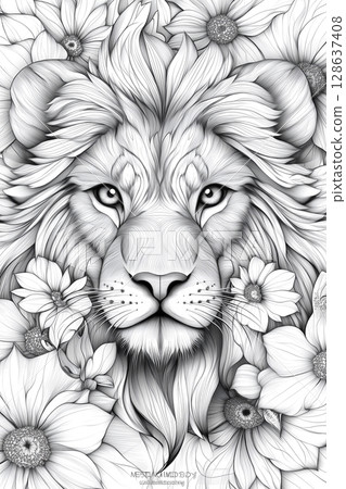 Intricate black and white illustration of a lion's face surrounded by blooming flowers World Wildlife Day Intricate black and white illustration of a lion's face surrounded by blooming flowers World Wildlife Day 128637408