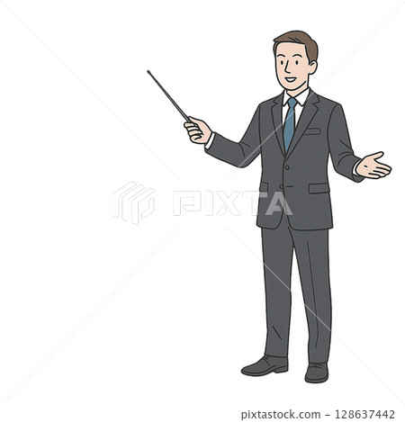 穿著西裝的男人用指針解釋的插畫材料（示範、講師、商務） 128637442